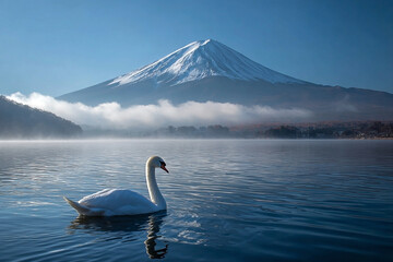 Majestic swan on tranquil lake, Fuji mountain backdrop