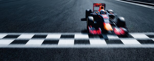 A blurred racing car crosses the finish line on a track, showcasing speed and excitement in motorsport.