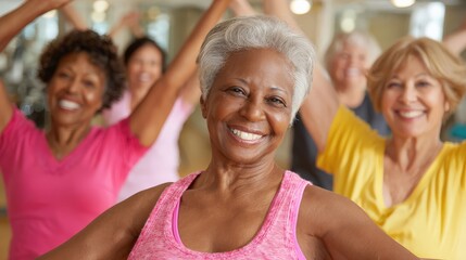 A cheerful group of older women enjoying an exercise class, demonstrating joy and energy in a supportive fitness environment.