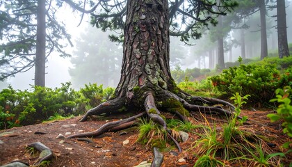 Obraz premium Majestic tree roots in a misty forest