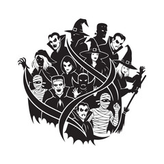 Halloween monsters group black and white illustration