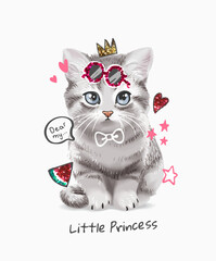 little princess slogan with cute kitten with colorful sequin icons vector illustration - created by hand drawn