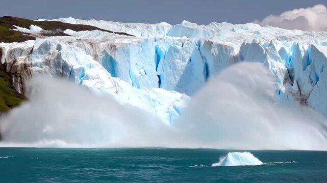 Massive glacier calving into turquoise water