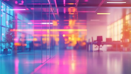 The illustration shows a blurred image of a modern office space with glass walls and colorful neon lights reflecting on the polished floor.