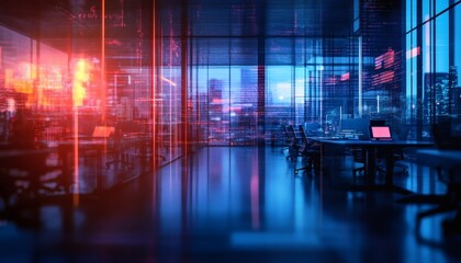 An empty office space at night is shown, with a city view seen through large windows, displaying a digital overlay.