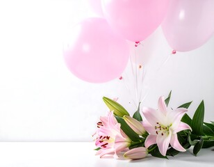 Pink balloons and lilies on white background © Wedus