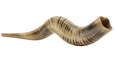 High-resolution 3D render of a Shofar, traditional ram's horn, isolated on white background;  elegant, spiritual, Jewish holiday symbol.