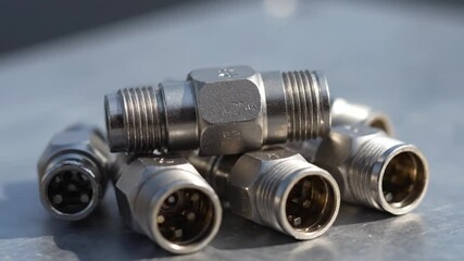 Macro shot of silver industrial electrical connectors with threaded fittings for secure power and signal transmission in demanding manufacturing environments