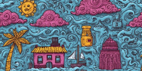 Fototapeta premium A whimsical, vibrant illustration showcases a fantastical seascape filled with colorful buildings, palm trees, clouds, and ships, all rendered in a detailed, hand-drawn style.