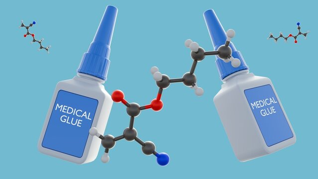 A 3d rendering of bottle of "MEDICAL GLUE," the molecule is a cyanoacrylate is approved for use as topical skin adhesives. 