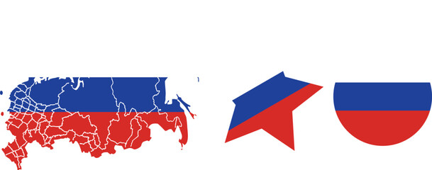 Russia flag artwork with detailed map outline, abstract star shape, and half circle design. National symbols representing culture, pride, identity, independence, and patriotic concept.