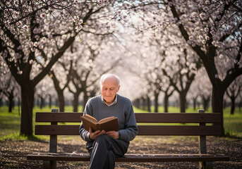 Fototapeta premium Elderly Man Reading Books Amidst Blooming Almond Trees