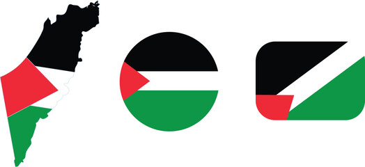 Palestine flag designs with map outline, circular icon, and rounded rectangle symbol. National identity artwork for culture, heritage, freedom, independence, and political concept.