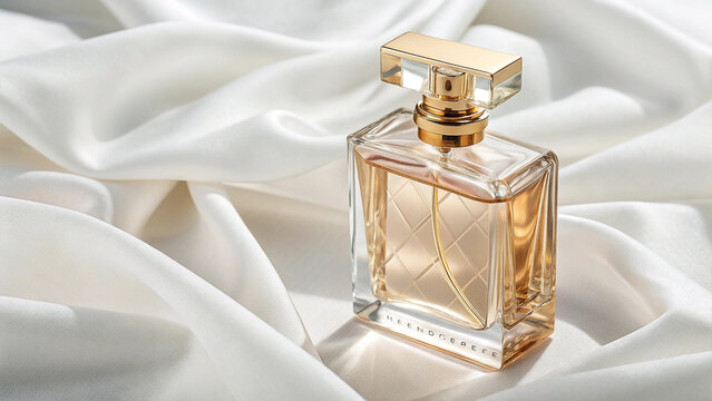 Elegant perfume bottle rests on soft, white fabric in a luxurious setting.