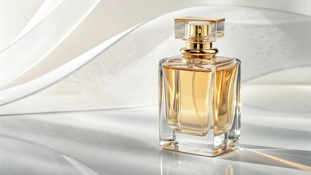 Elegant perfume bottle radiates luxury against a softly draped, white fabric.