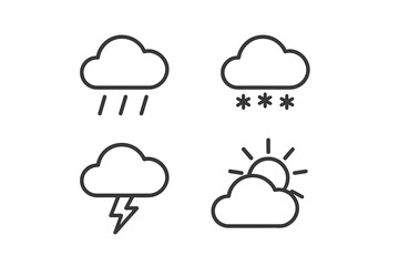 Weather forecast outline web icons collection, rain, snow, thunderstorm, sun and cloud symbols, minimalistic linear pictogram set for web, apps, banners, graphic design elements