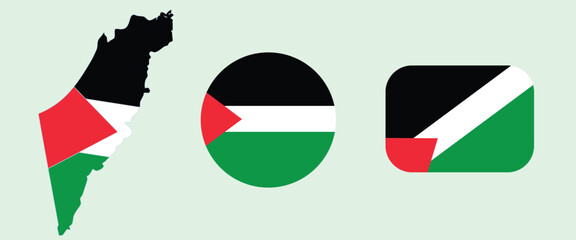Palestine flag icons set with map silhouette, round button, and rectangle design. National identity symbols for culture, history, independence, and political concept art.