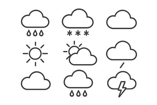 Weather forecast line icon set with rain, snow, thunderstorm, sun, cloud symbols, minimalistic linear pictogram for web, app, graphic design, banners, social networks, cards