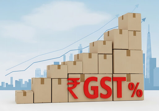 Rising stack of cardboard boxes symbolizing growth in goods and services tax collections in india