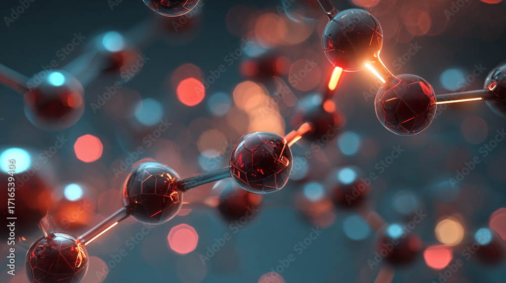 Poster molecular structure glowing atoms connected by bonds abstract science background