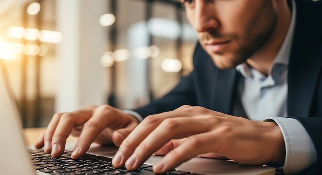 Focused Businessman Typing on Laptop, Close-Up of Hands on Keyboard in Modern Office