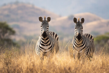 Obraz premium Two zebras face forward in a golden savanna