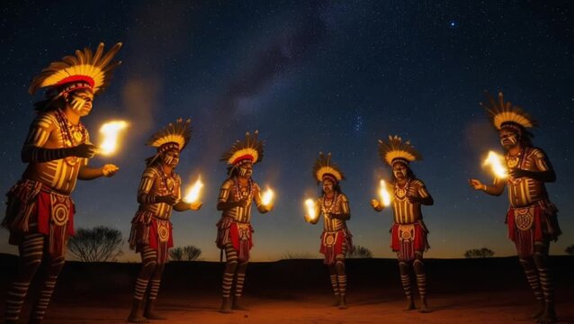 Indigenous Australian dancers performing with fire under a starry night sky
