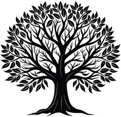 Obraz premium Vector tree silhouette with branches and leaves on white background