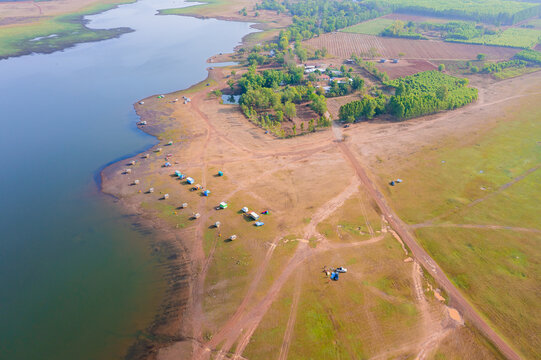 Aerial view of Sanam Chai Khet reservoir located in Chachoengsao province, Thailand.