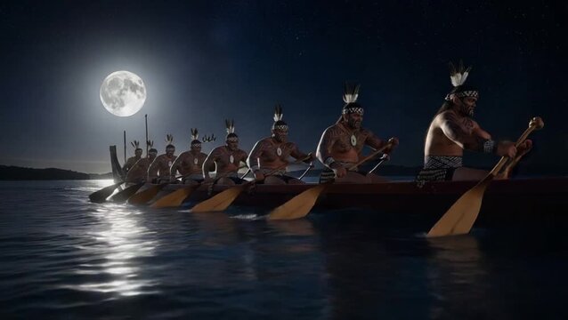 Indigenous tribe rowing a traditional canoe under the moonlight at night