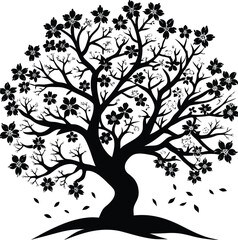 Black and white vector tree silhouette with flowers