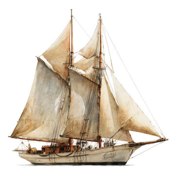 Gaff-rigged schooner with wooden masts and traditional canvas sails [Transparent Background PNG].