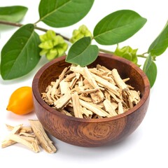 Dried plant material in a wooden bowl