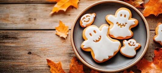 Fototapeta premium Ghost-shaped cookies on a plate surrounded by autumn leaves in a cozy kitchen setting