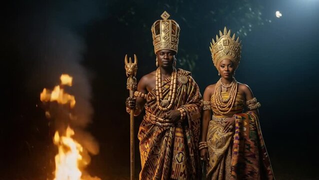 Royal African couple adorned in traditional attire stands by a crackling fire