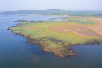 Aerial view of Sanam Chai Khet reservoir located in Chachoengsao province, Thailand.