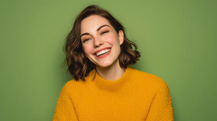 Fototapeta premium Woman with Short Brown Hair Smiling in Yellow Sweater