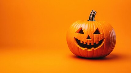 Carved pumpkin with a smiling face on a bright orange background for Halloween celebrations