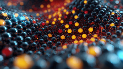 Abstract glowing spheres in blue red and orange shades form a wavy surface