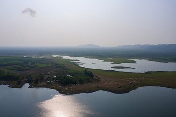 Aerial view of Sanam Chai Khet reservoir located in Chachoengsao province, Thailand.