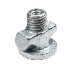 Galvanized steel wing nut with a coarse thread for use in heavy-duty agricultural machinery. [Transparent Background PNG].