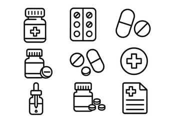 Medicine and pharmacy line icons. Pills, tablets, capsules, bottle, and prescription symbols. Healthcare and drugstore concept. Vector illustration with editable stroke.
