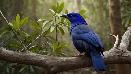 A Satin Bowerbird stands on a bared tree branch solid color backdrop