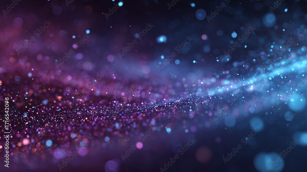 Poster glittering purple and blue particles swirl in a dark background creating a magical abstract design