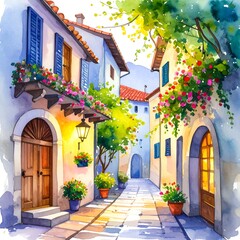 Naklejka premium Watercolor European alleyway