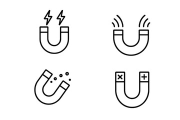 Set of minimalistic line icons of horseshoe magnets with electric, wave, particle effects, and polarity symbols. Editable stroke vector for design of cards, apps, banners, posts, technology concepts