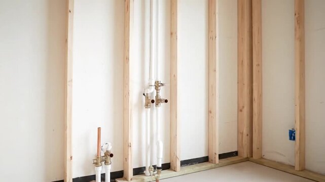 Rough-in plumbing and wall framing in a house under construction Essential utility connections for modern home building and renovation projects