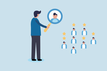 Man with magnifying glass inspecting group of people with stars representing talent and selection