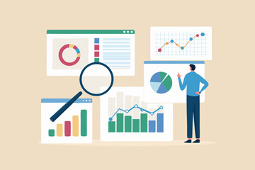 Man analyzing financial data charts and graphs with a magnifying glass for business insights