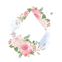 Diamond Frame with Pink Roses and Blue Splatter floral isolated on a transparent background